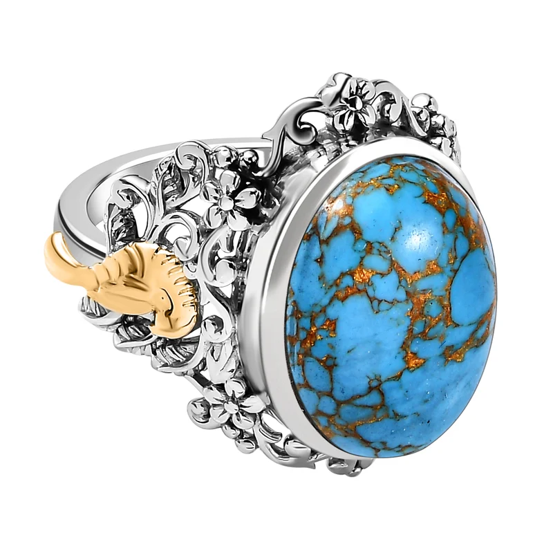 Blauer Mojave Türkis Ring, 925 Silber Bicolor, ca. 9.07 ct