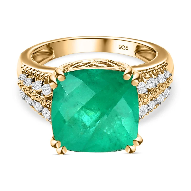 Smaragd-Quarz-Triplette, Weißer Zirkon Ring, 925 Silber Gelbgold Vermeil ca. 7.83 ct