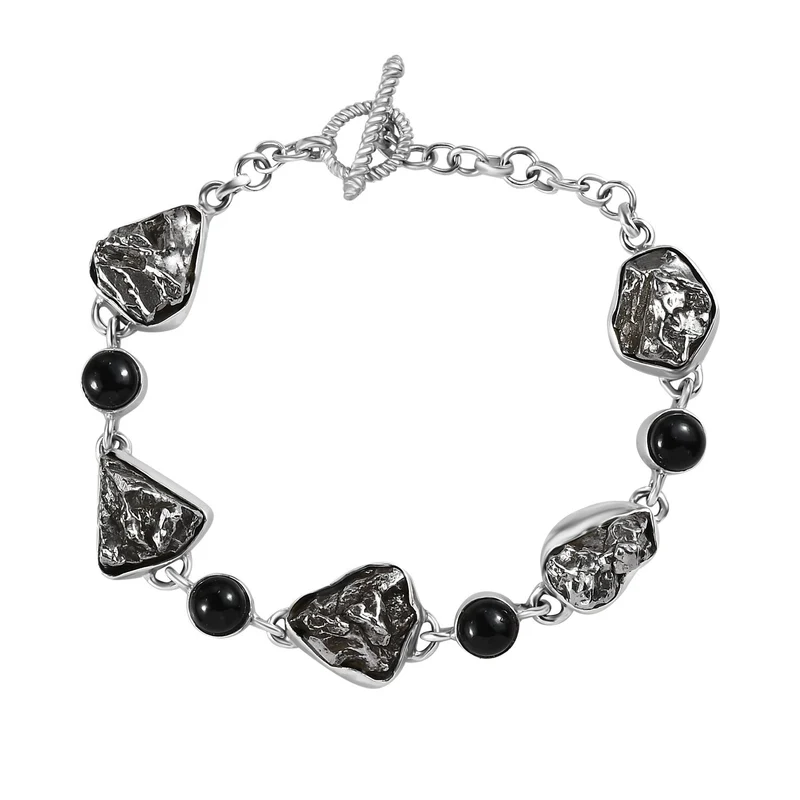 Meteorit, Schwarzes Turmalin Armband, ca. 19 cm, 925 Silber rhodiniert, ca. 74.01 ct