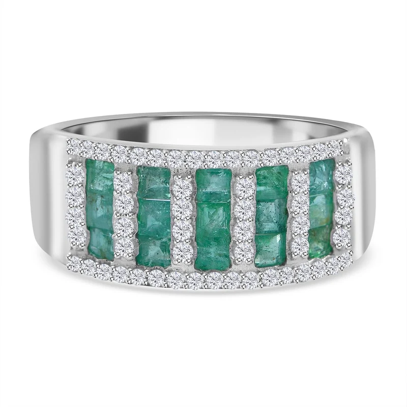 AAA Kagem Sambischer Smaragd, Weißer Zirkon Ringe 925 Silber rhodiniert ca. 1,48 ct