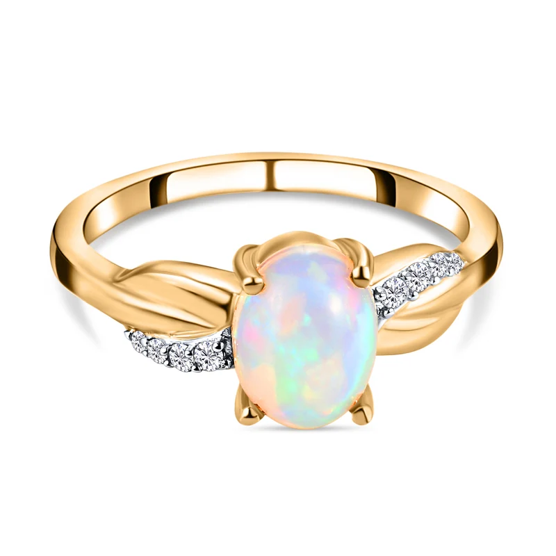 Natürlicher, äthiopischer Opal und weißer Zirkon-Ring, 925 Silber vergoldet ca. 0,88 ct