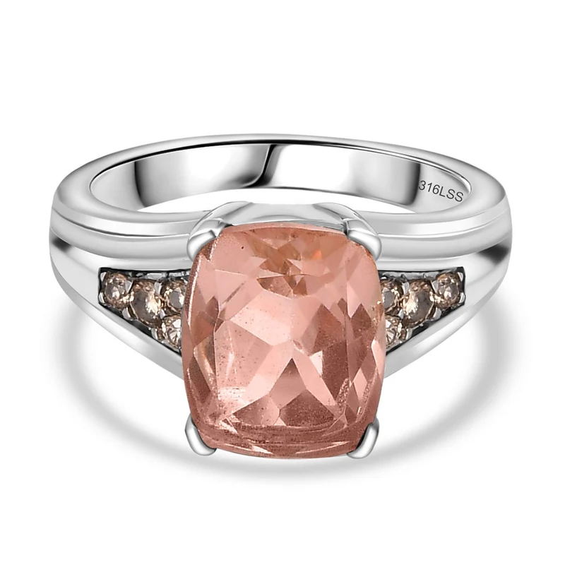 Morganit Quarz Triplette, Champagner Zirkonia Ring Edelstahl ca. 3,32 ct