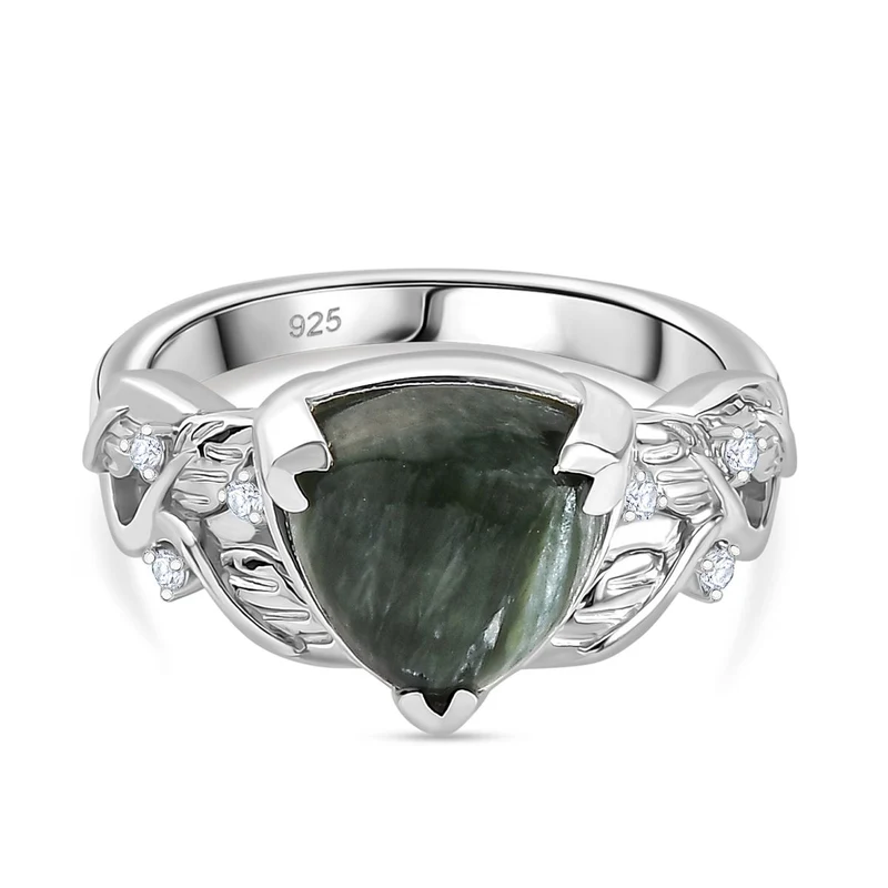 Viktorianische Blüte - Sibirischer Seraphinite, Weißer Zirkon Ring 925 Silber rhodiniert ca. 3.80 ct