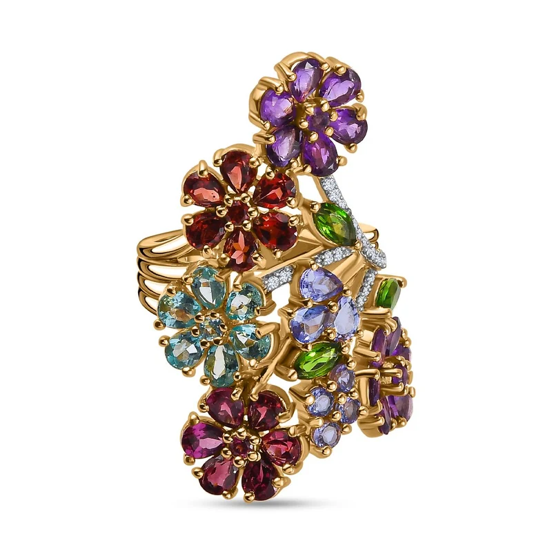 Mosambik Granat, Rhodolith Granat Ring 925 Silber Gelbgold Vermeil ca. 6,97 ct