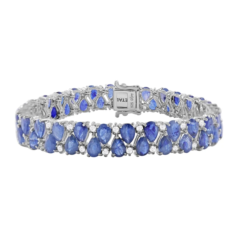 Masoala Saphir (Fissure gefüllt), Weißer Zirkon Armband ca. 20 cm 925 Silber rhodiniert ca. 41,97 ct.