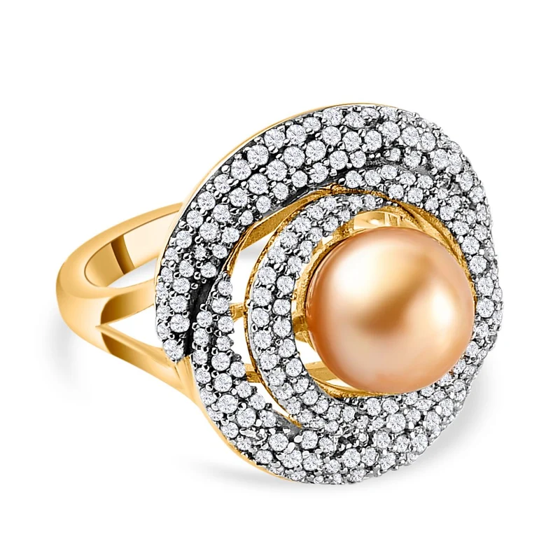 Goldene Südsee Perle, Weißer Zirkon Ring, (9-11mm), 925 Silber Gelbgold Vermeil