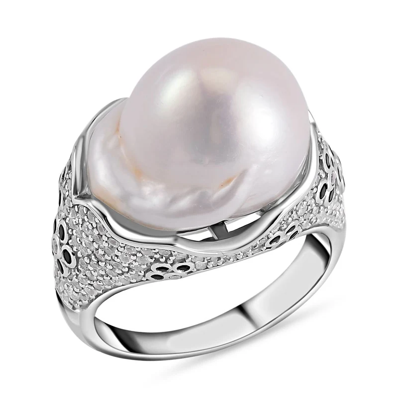Weiße Barockperle, Schwarzer Spinell Ring, 925 Silber rhodiniert