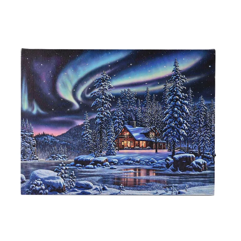 Winterdruck auf Leinwand mit LED- und Glasfaserlicht, 30x40 cm, 3AA (nicht inkl.), Zug