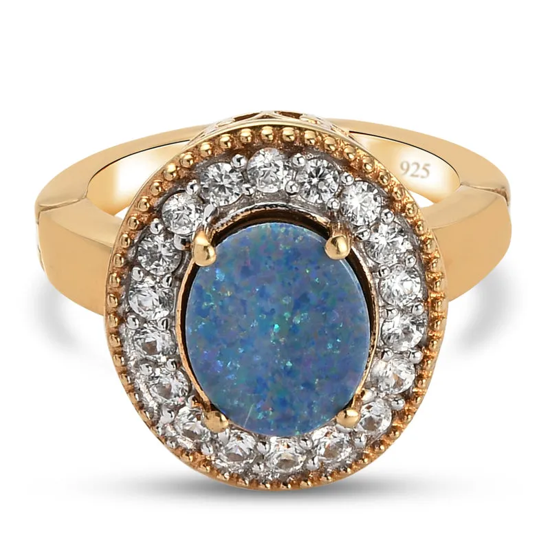Boulder Opal Triplette und Zirkon-Ring, mit magnetischem Öffnungsmechanismus 925 Silber vergoldet ca. 2.51 ct