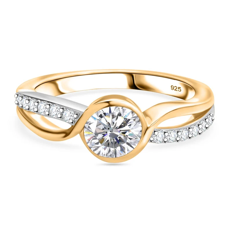 Moissanit Ring 925 Silber Rhodiniert und 750 Gelbgold Vermeil ca. 0,99 ct