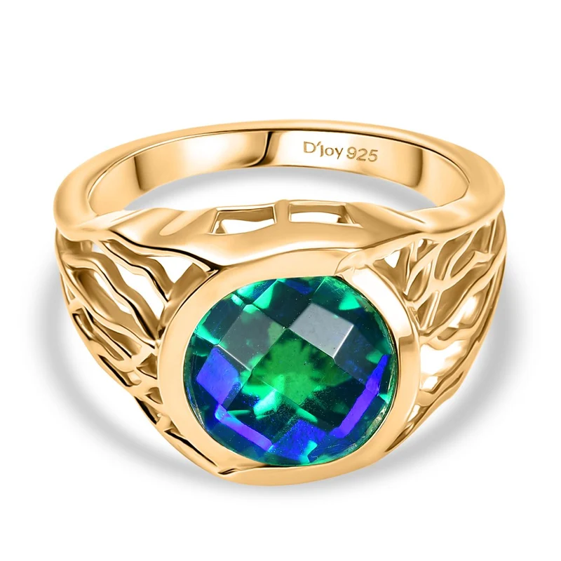 Pfau Quarz Triplette Ring 925 Silber 750 Gelb Vergoldet ca. 3.41 ct