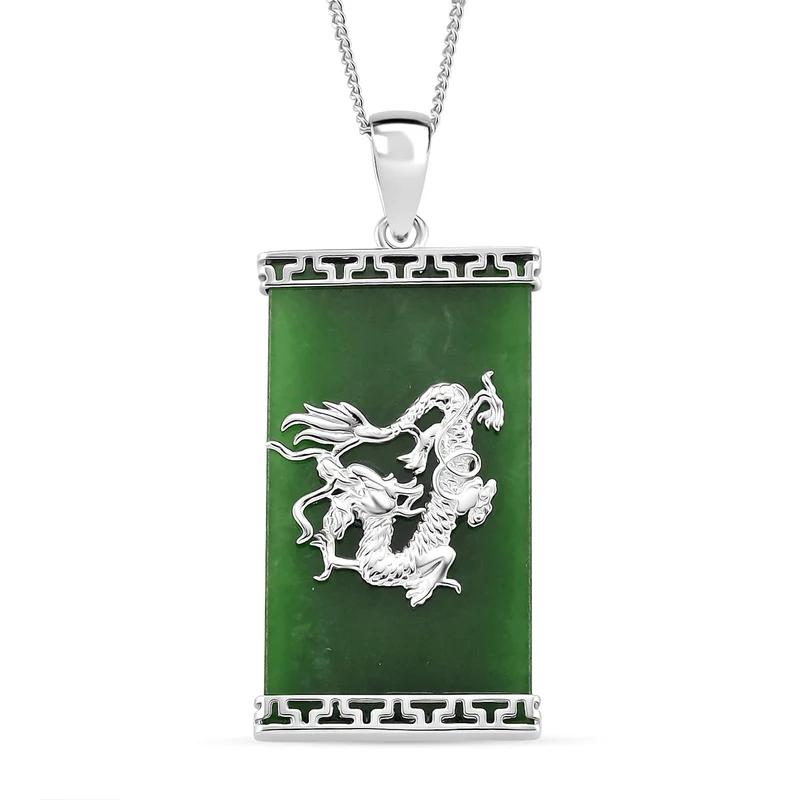Grüne Jade Drachen-Anhänger mit Kette, 925 Silber rhodiniert, ca. 17.24 ct