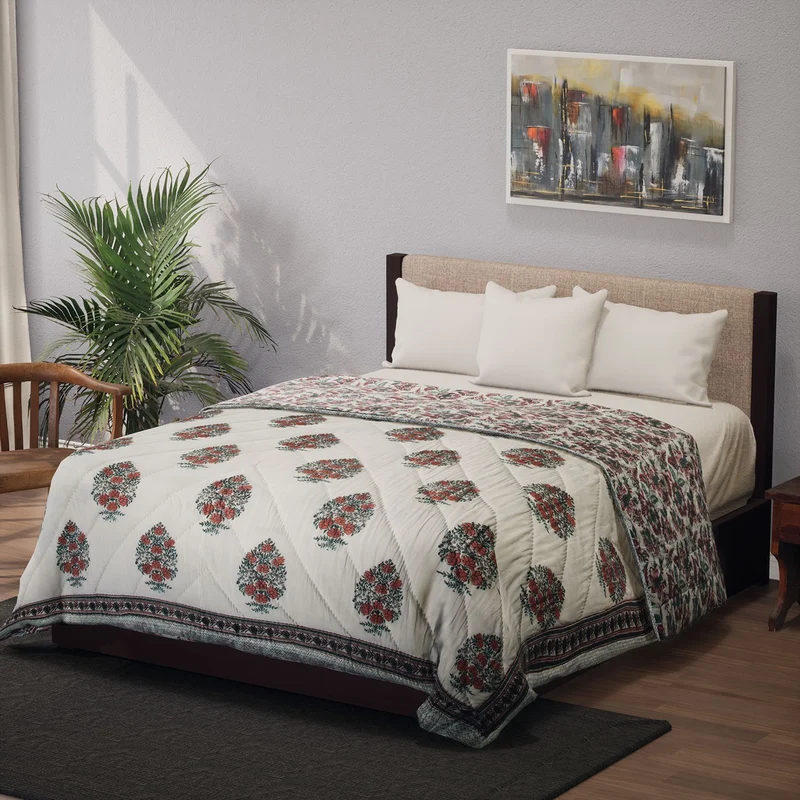 Jaipur Quilt aus 100% Baumwolle mit Handstempeldruck und Hand-Gequilted, 220X270cm, Pfirsich