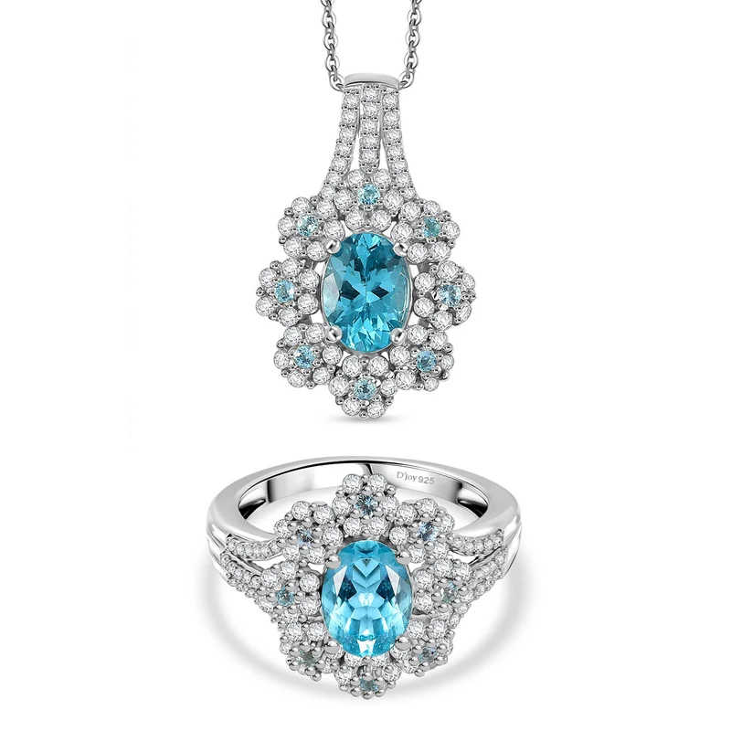 D'Joy AAA Betroka blauer Apatit und Moissanit Ring und Anhänger mit 50cm Kette