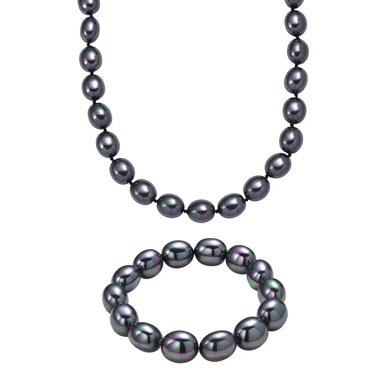 Pfaufarbene Oval Muschelkernperle 50cm Halskette und flexibles Armband