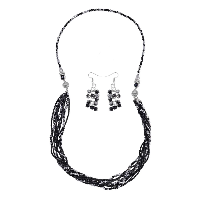 2er Set - mehrschichtiger Halsketten und Ohrringe, Schwarz-silberfarbene Kristallperlen und weiße Kristalle