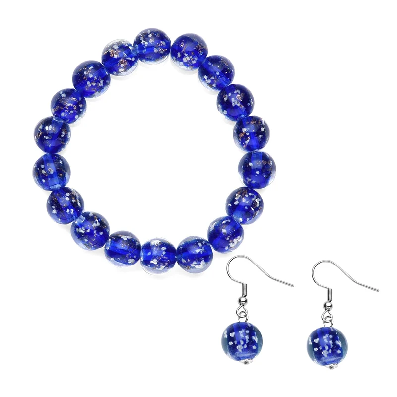 2er Set - Murano-Glasperlen Design, flexibles Armband und Ohrringe, Reiner Edelstahl, Blau