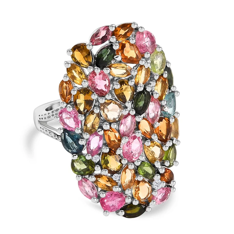Mehrfarbig-Turmalin, Weißer Zirkon Ring 925 Silber rhodiniert ca. 5,09 ct