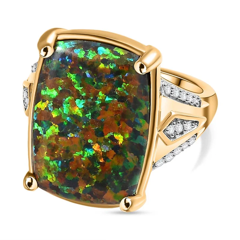 Labor erstellt schwarzen Opal, Weißer Zirkon Ring 925 Silber Gelbgold Vermeil ca. 5,74 ct