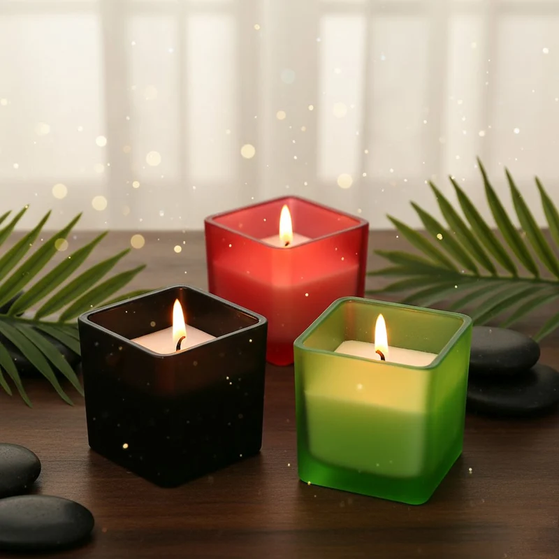 "Scented candles with bamboo base Color: Green + Black + Burgundy Squre glass jar size: 6*6cm Aroma: Coconut vanilla + mint + strawberry berries 5% perfume Paraffin Wax weight: 85g Burning time: Approximately 15 hours ????? ??:??+??+??? ?????:6*6cm ??:??