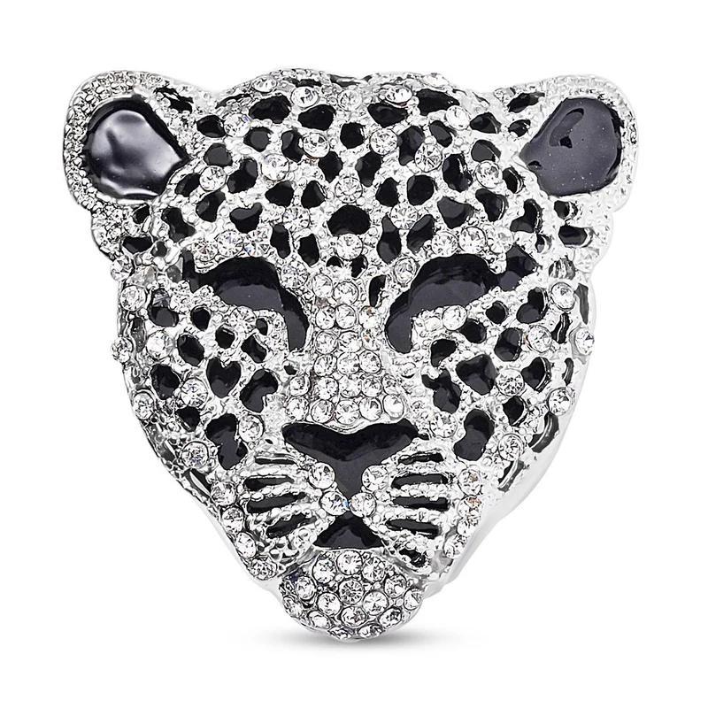 Emaillierte Brosche mit weißem Kristall, Leopard