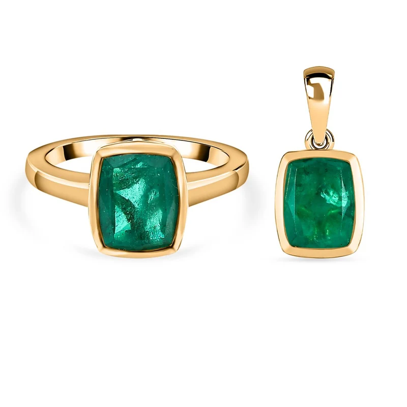 Smaragd-Triplette-Quarz Schmuckset 925 Silber Gelbgold Vermeil ca. 4.00 ct