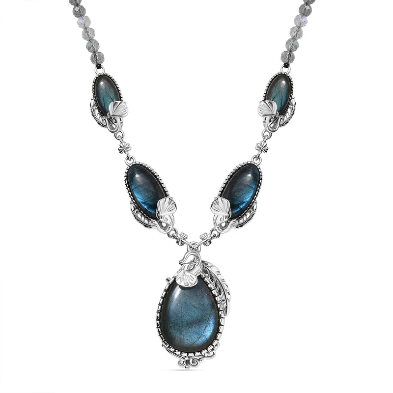 AAA Labradorit Halskette ca. 45 cm 925 Silber platiniert ca. 87.59 ct