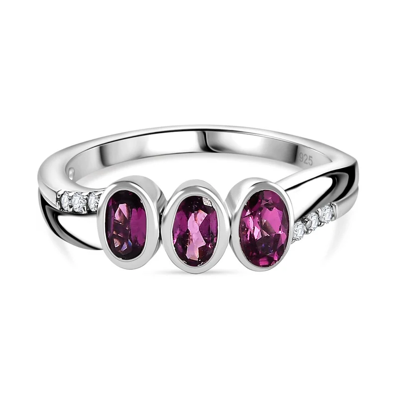 Rhodolith Granat, Weißer Zirkon Ringe 925 Silber platiniert ca. 0,91 ct