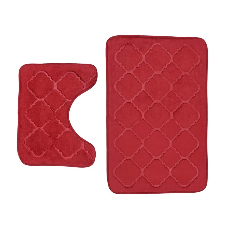 Homesmart 2er Set geprägte Flanell-Badematte mit rutschfester Unterseite (50x80cm), rot