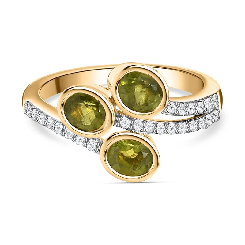 AA Natürlicher, italienischer Vesuvianit, Weißer Zirkon Ring, 925 Silber Gelbgold Vermeil, ca. 1.66 ct