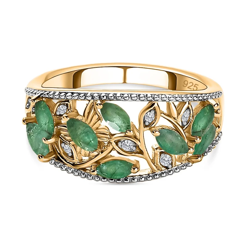 Sambischer Smaragd, Weißer Zirkon Ring, 925 Silber Gelbgold Vermeil ca. 0.98 ct