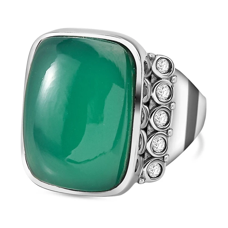 Grüner Onyx, Weißer Zirkon Ring, 316L Edelstahl ca. 14.61 ct