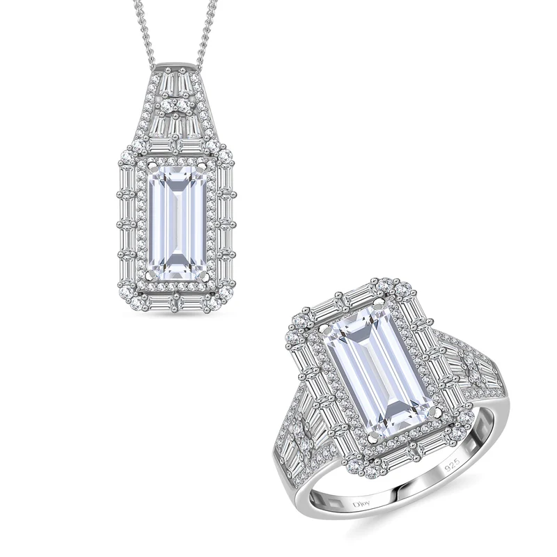 D'Joy Moissanit Ring und Anhänger mit 50cm Kette Baguette