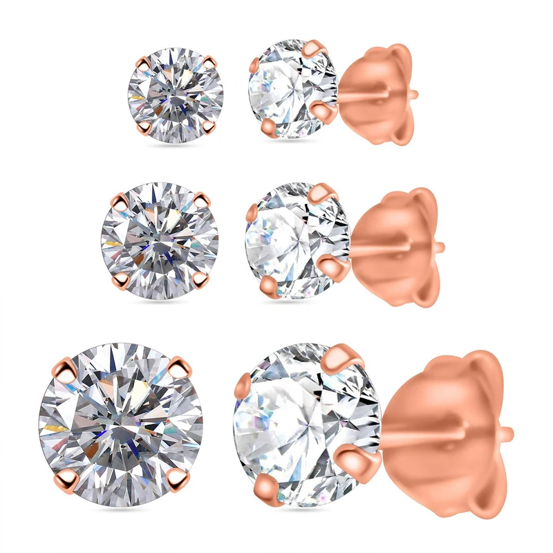3er Set - AAAA Weißer Zirkonia Ohrstecker, 925 Silber rosévergoldet