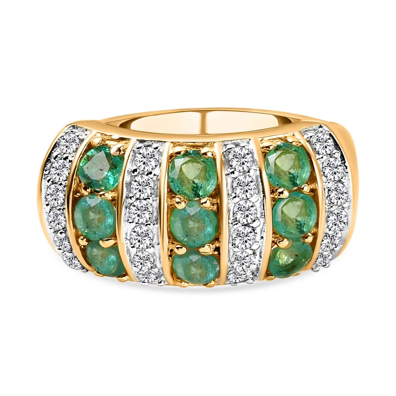 Kagem sambischer Smaragd und weißer Zirkon-Ring, 925 Silber vergoldet ca. 1.49 ct