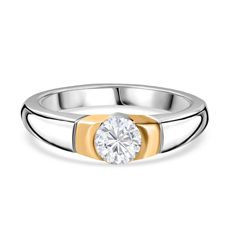 120 Facetten Moissanit Ring mit zentralem Stein in Goldfassung, 925 Silber, bicolor, ca. 0.45 ct