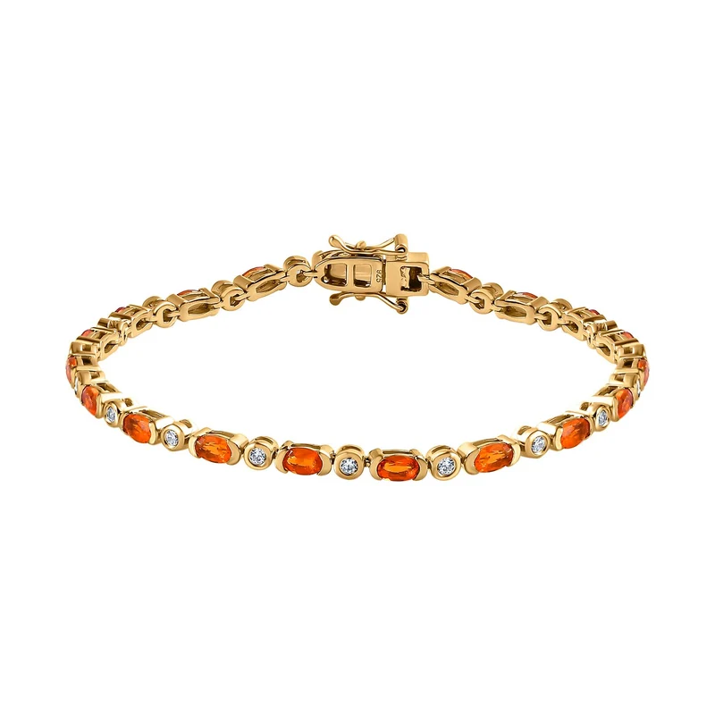 Salamanca Feueropal und weißes Zirkon-Armband, ca. 20 cm, 925 Silber vergoldet, ca. 4,00 ct