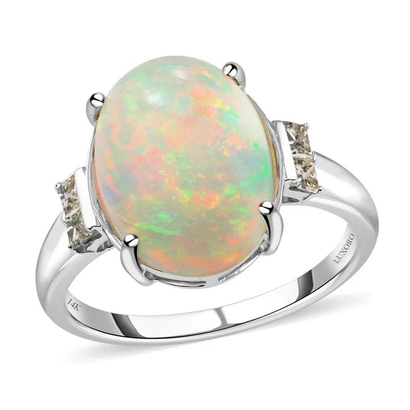 AAA Natürlicher, äthiopischer Welo Opal, Weißer Diamant Ring, Zertifiziert, 585 Gold ca. 3.90 ct