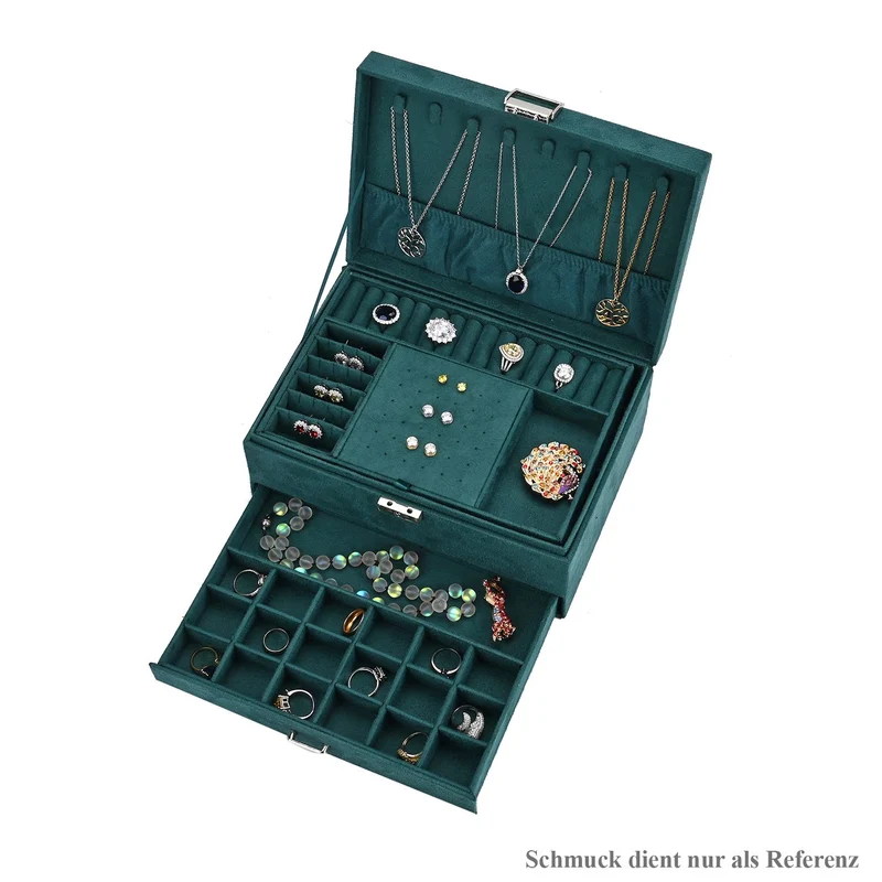 Samt-Schmuckkästchen, 3-lagig mit Schublade und Schloss, 24.5x17x11.5cm, Schwarz