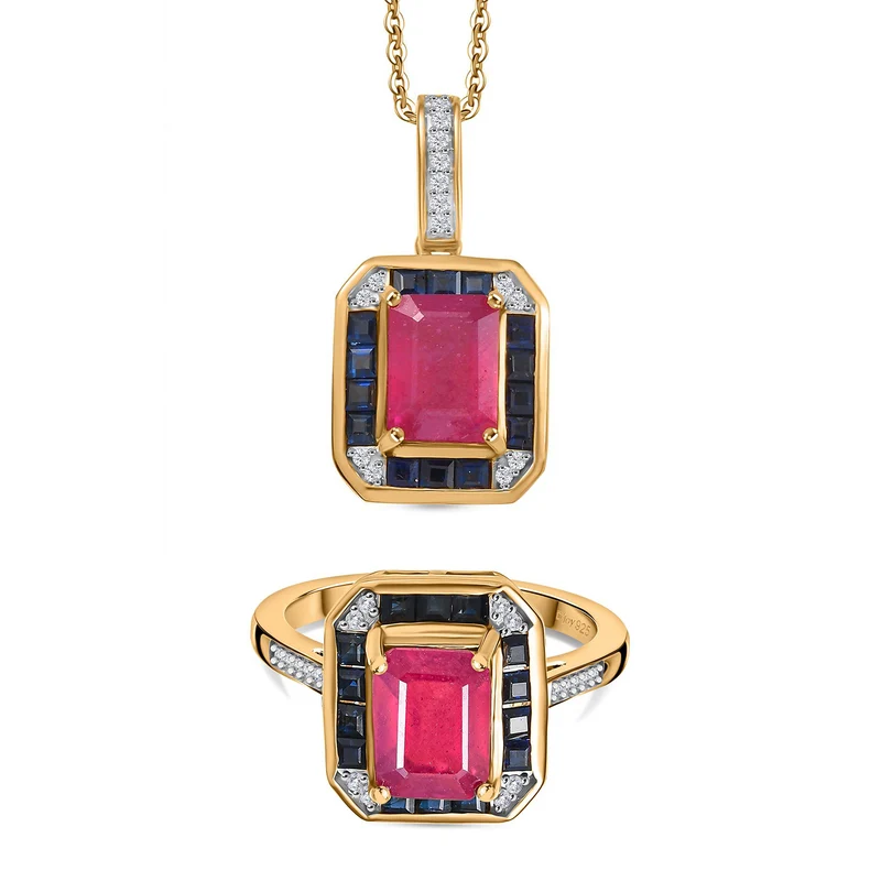 Djoy AA afrikanischer Rubin, blauer Saphir und Zirkon Ring und Anhänger mit 50cm Kette
