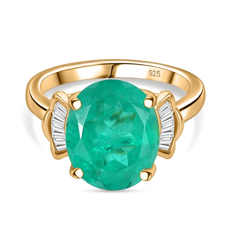 Smaragd-Quarz Triplette, Weißer Zirkon Ring 925 Silber 750 Gelbgold Vermeil ca. 5.74 ct