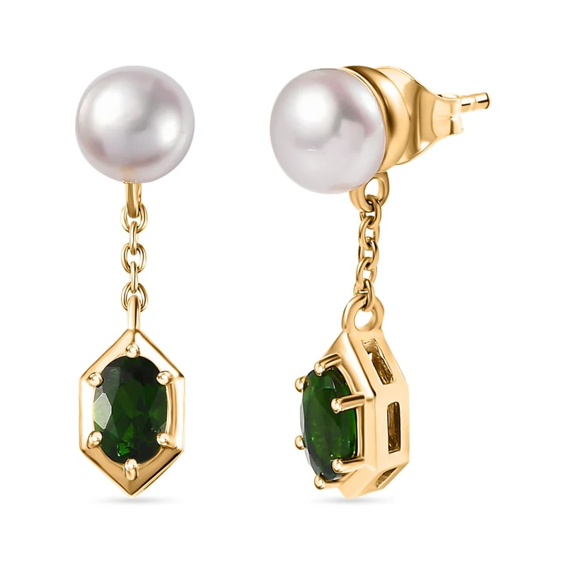 Perle, Natürlicher Chromdiopsid Ohrringe 925 Silber 750 Gelbgold Vermeil