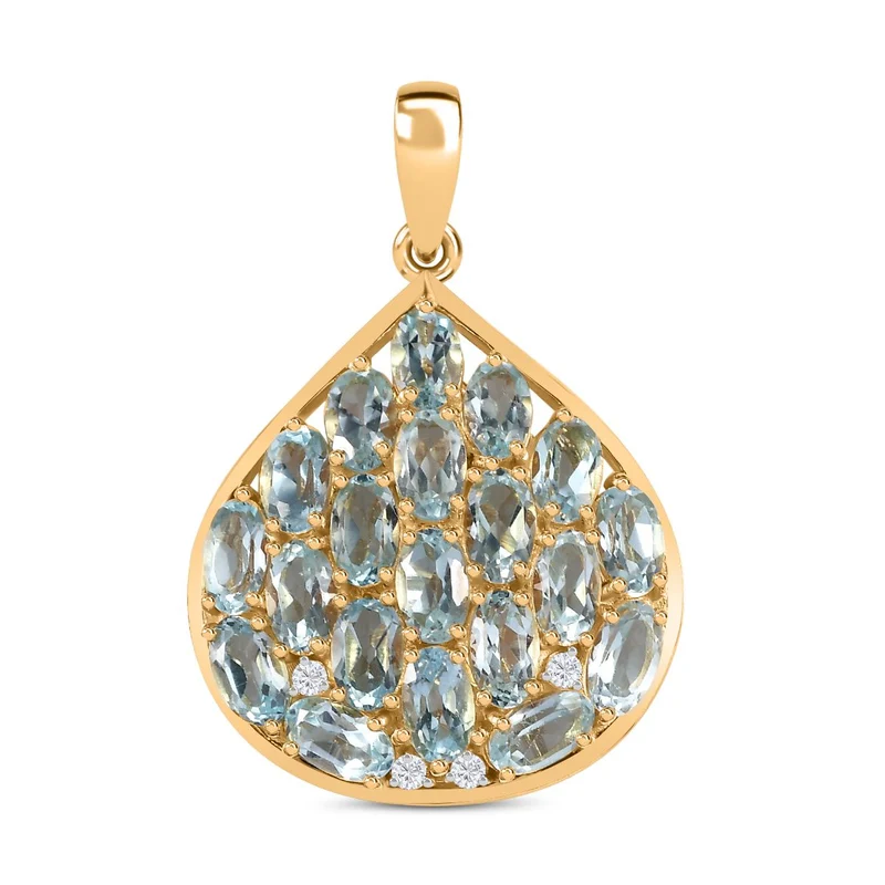 Blau Topas, Weißer Zirkon Anhänger 925 Silber 750 Gelb Vermeil ca. 5.98 ct
