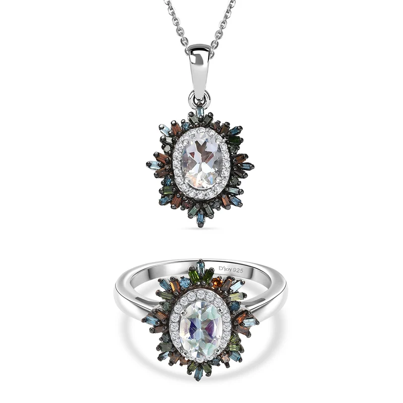 D'Joy AAA Premium Malagasy Mondstein und mehrfarbiger Diamant Ring und Anhänger mit 50cm Kette