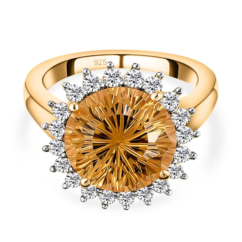 Hanabi Schliff - Citrin und weißer Zirkon-Ring, 925 Silber Gelbgold Vermeil ca. 7.72 ct
