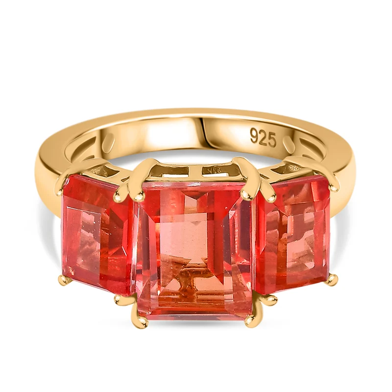 Padparadscha Quarz Triplette Ring 925 Silber 750 Gelbgold Vermeil ca. 5,30 ct