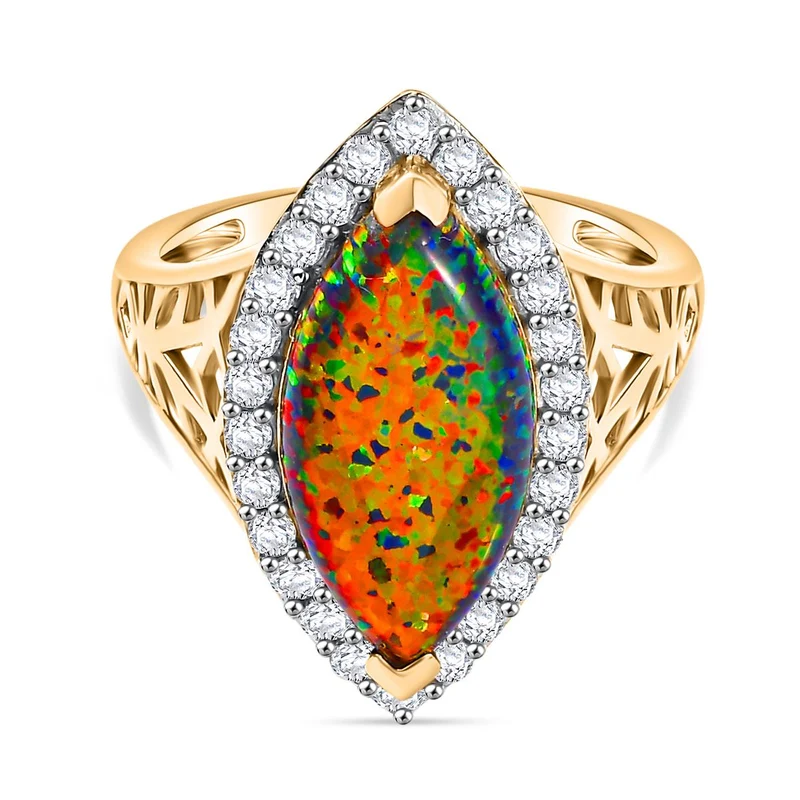 Lab Created schwarzen Opal, Weißer Zirkon Ring, 925 Silber 750 Gelbgold Vermeil ca. 3.11 ct