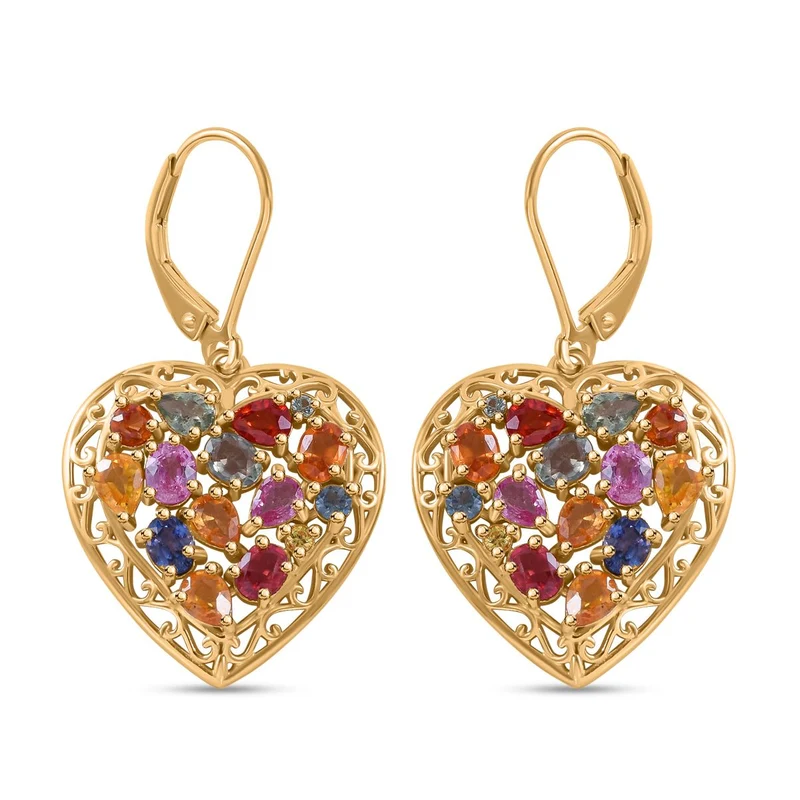 Regenbogen-Saphir Herz Ohrringe, 925 Silber Gelbgold Vermeil, ca. 5.42 ct