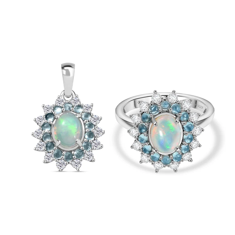 AA äthiopischer Welo Opal, blauer Apatit und Zirkon Ring und Anhänger