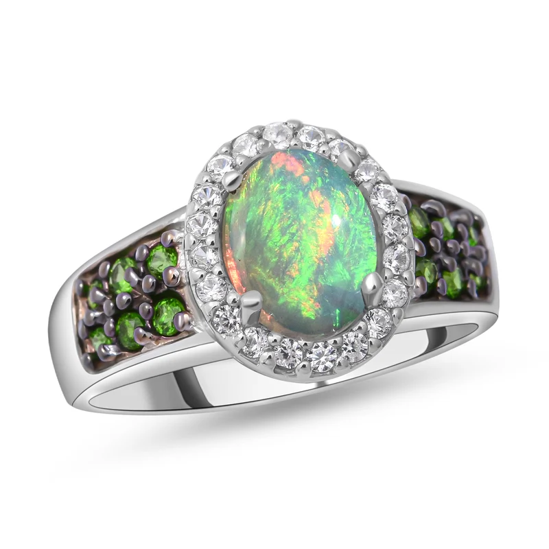 Natürlicher, äthiopischer Welo Opal und natürlicher Chromdiopsid-Ring, 925 Silber platiniert ca. 1,85 ct